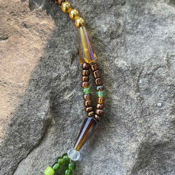 Handmade Artisan Beaded Earthy Green & Gold Sparkling Choker w Raku Centre Bead - Picture 6 of 6